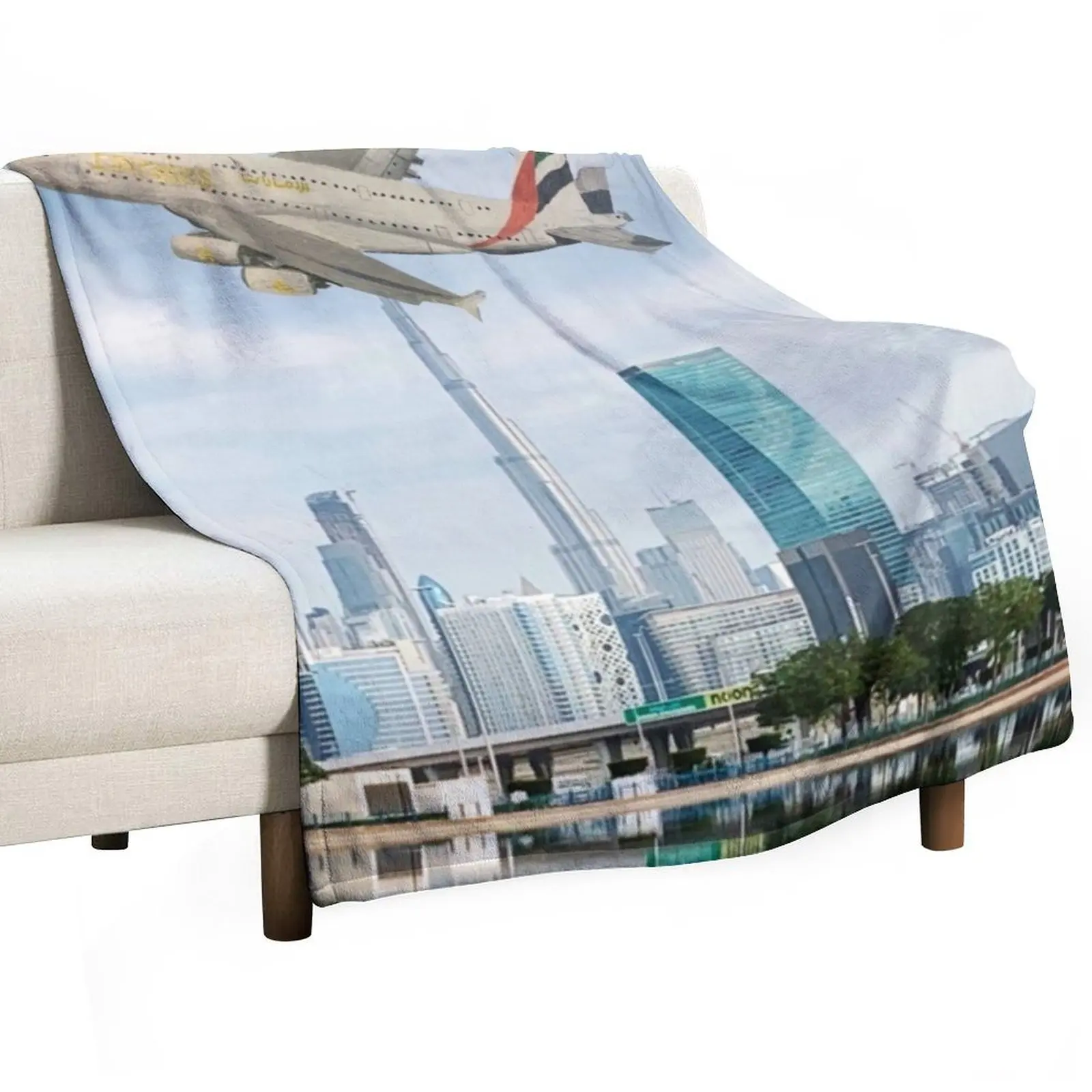 

Emirates Airbus A380 flying over Dubai Throw Blanket Quilt Polar Personalized Gift wednesday Blankets