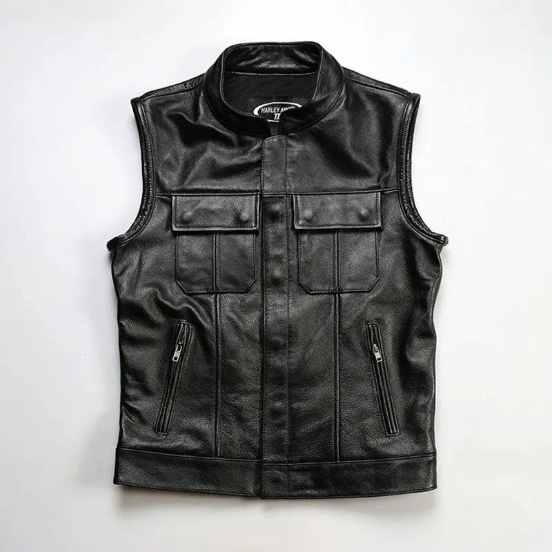 Genuine Leather Vest Men's Plus Fat Plus Size Top Layer Cowhide Motorcycle Waistcoat Outdoor Trekking Hiking Riding Camping Gear