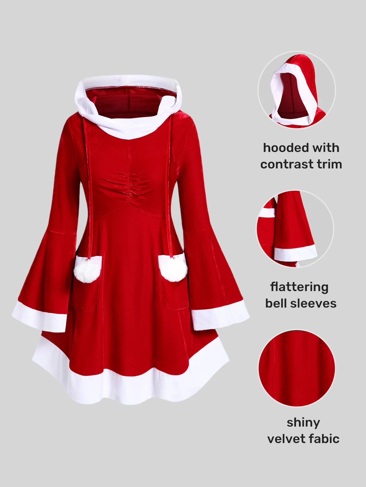 ROSEGAL Plus Size Christmas Women Dresses Two Tone Balls Flare Sleeves Hooded Mini Dress Fall,Winter Casual Colorblock Dress 4XL