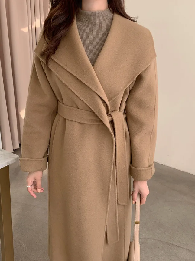 

Ele женское шерстяное пальто с поясом на талии, длинное свековое осенне-зимнее модное пальто высокого качества, длина миди