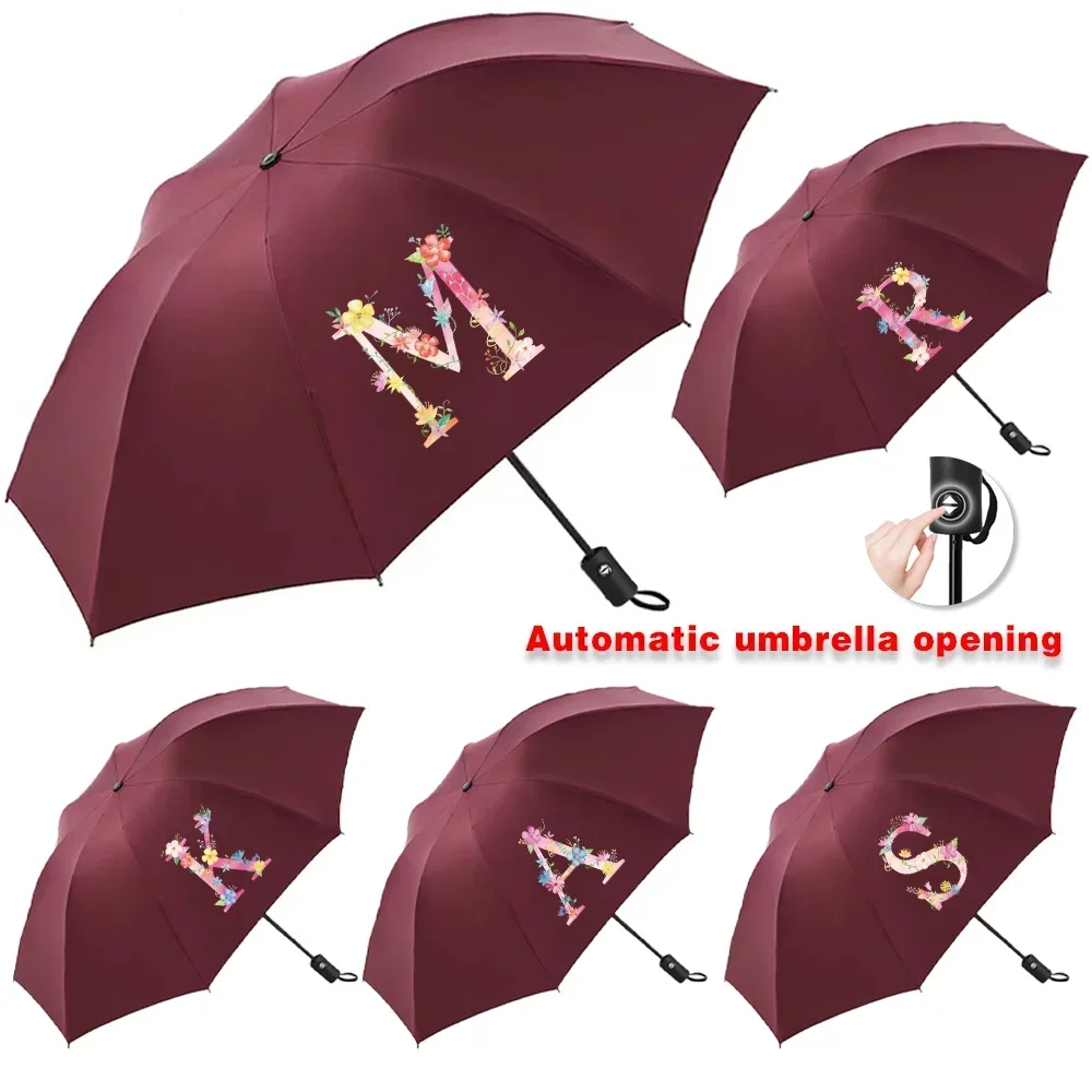 

Automatic Umbrellas for Sunshine Rainy Windproof Strong Umbrella Folding Large Buckle Handle Double Bone Resistant Pink Print