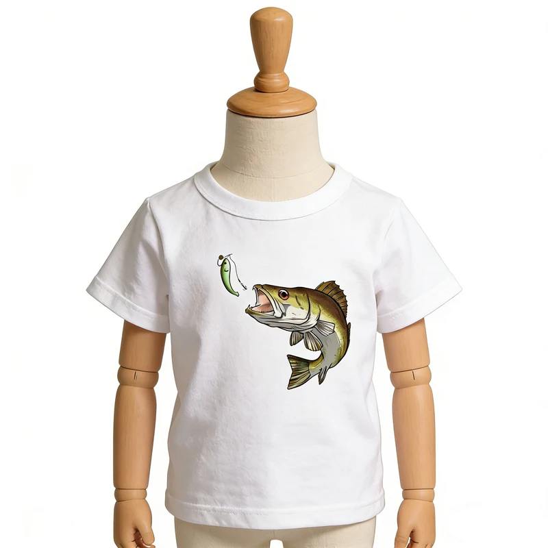 Fish Print White T-shirt for Boys and Girls, Short Sleeved Cute T-shirt, Casual Top
