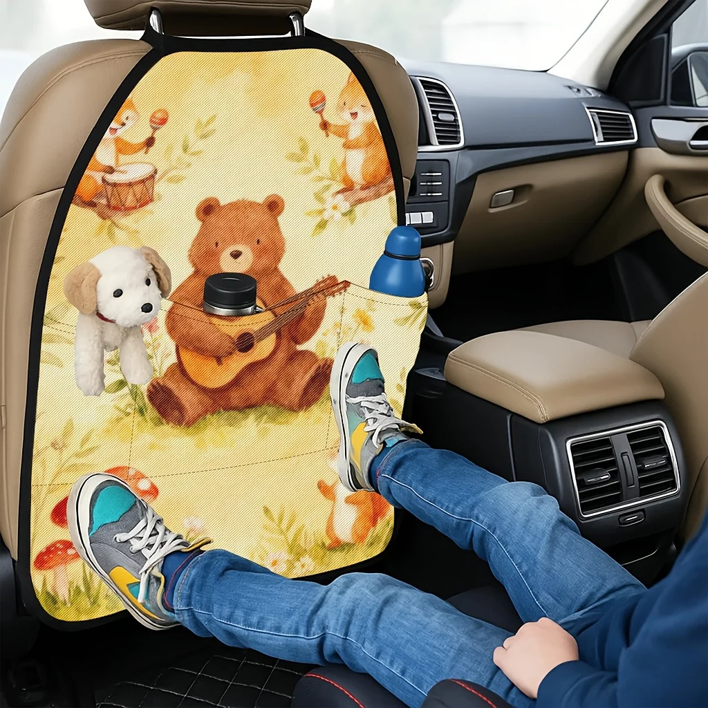 2pcs 2D Printed Car Seat Back Protector - Forest Concert Theme With Bear Playing Guitar And Squirrel Drumming Pattern, Kick-Proo