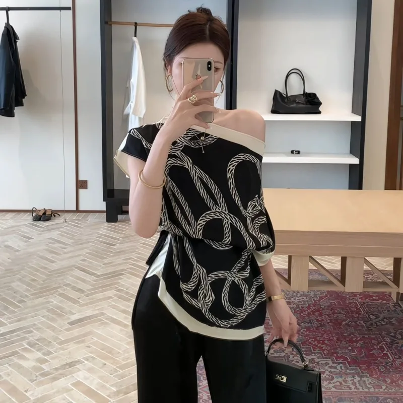 

Women Summer Sexy Hottie Off Shoulder Irregular Diagonal Collar Short Sleeve T-Shirt Ladies Fashion All-match Temperament Tops