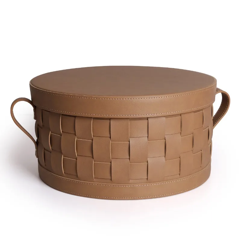 2026 Modern Simple Circular Woven Storage Box Light Luxury Leather Storage Basket Bedroom Soft Home Accessories