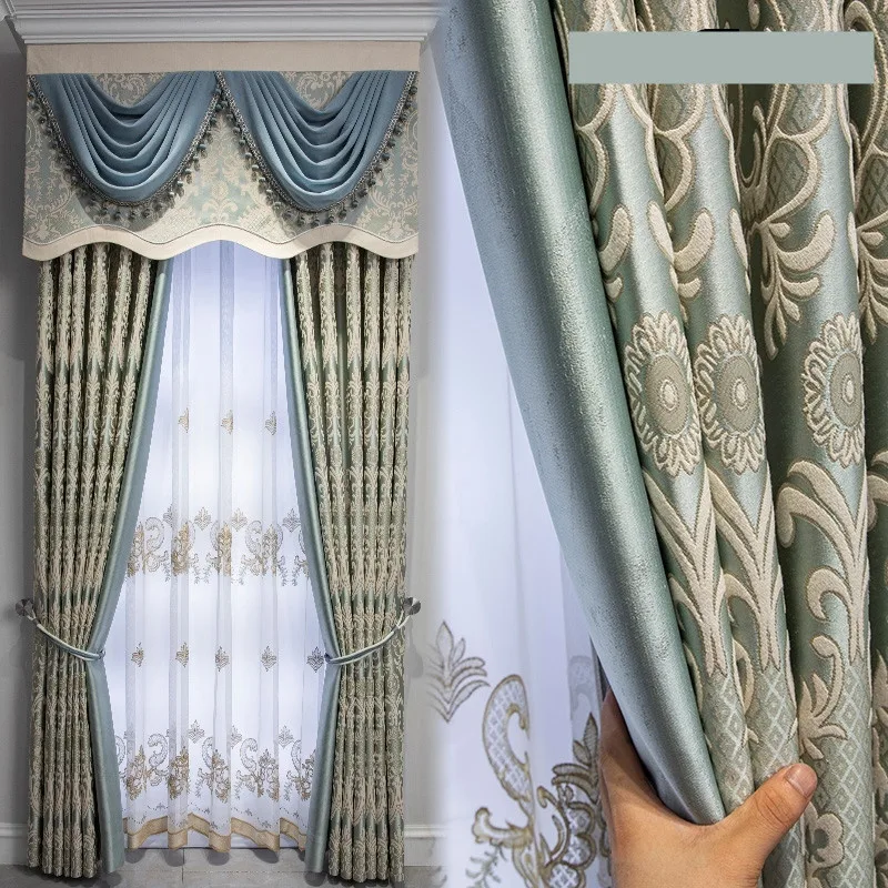 

Custom curtain European modern High Precision splicing Jacquard livingroom green blackout curtain valance tulle panel M1264