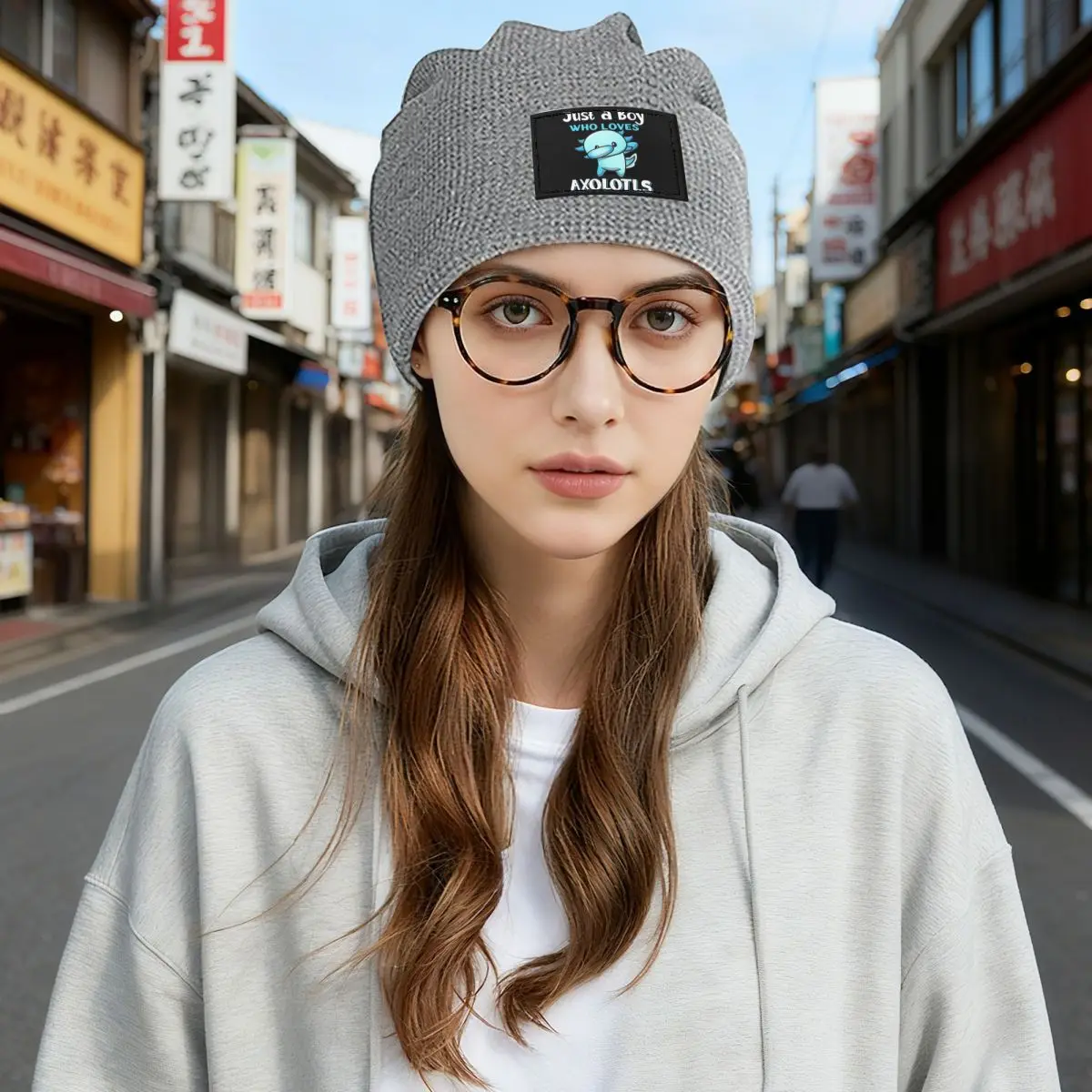 Just A Boy Who Loves Axolotls Waffle Knit Fleece Lined Beanie with PU Leather Patch Unisex Warm Winter Soft Cap