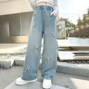 Girls Butterfly Ripped Wide-Leg Jeans 5 Girls Versatile Butterfly Ripped Jeans Wide-Leg Pants Medium to Large Sizes Fashionable Slimming Kids' Clothing 5