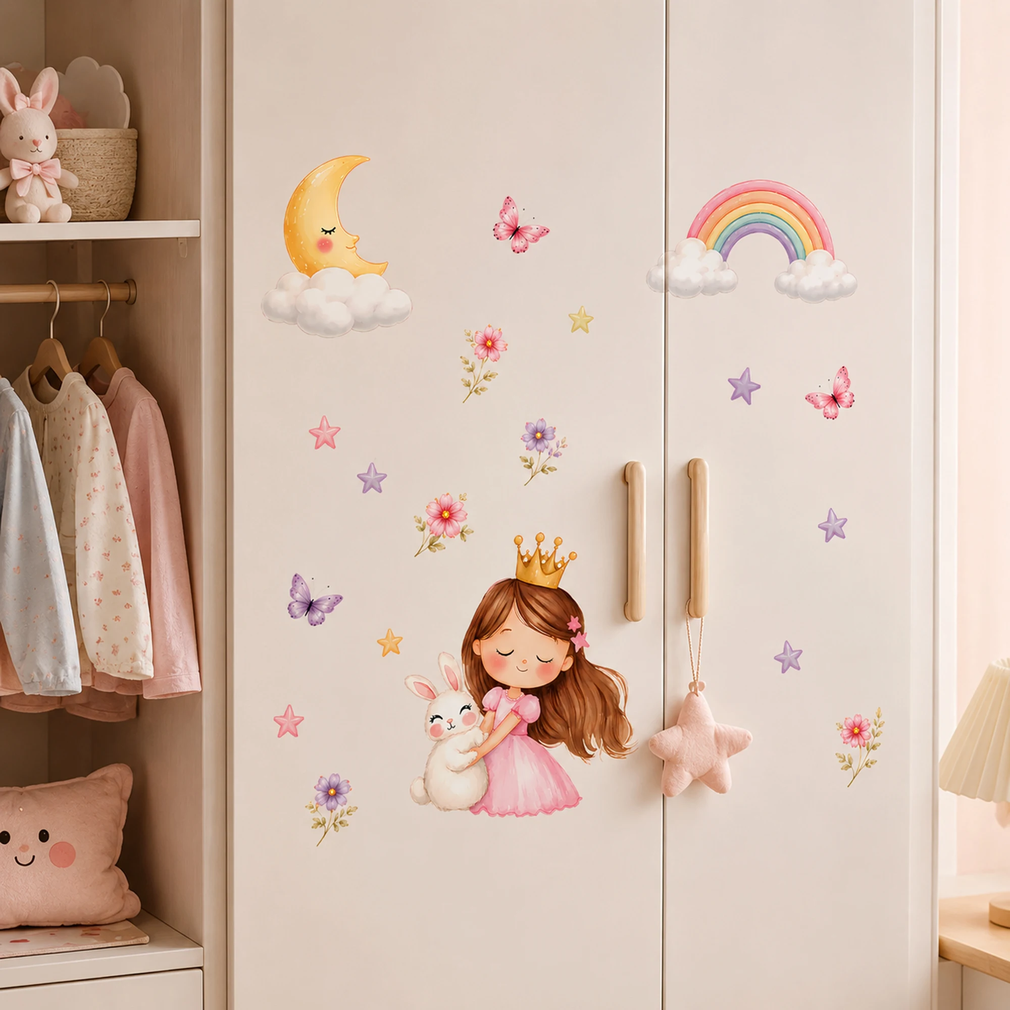 Girl & Unicorn Wall Decal - Peel and Stick Removable Watercolor Sticker Stars & Butterflies, Pastel Decor for Baby Girl Nursery view 5
