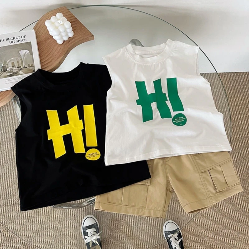 

Summer Kids T-Shirt for Boy 2-7Y Fashion Letter Print Sleeveless Tops Stylish Casual Versatile Cotton Soft Breathable Blouse Tee