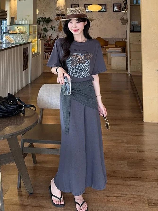 

plus Size Casual Set Women Summer New Lazy Style Shoulder Length Short Sleeve Top mid Length A-Line Skirt Fashion Ensemble