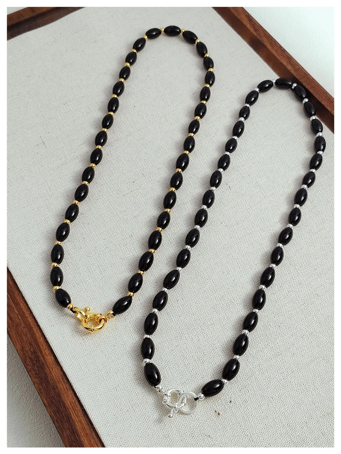 

Brass Natural Black Jade Beads Chain Necklace Women Jewelry Punk Designer Runway Rare Gown Boho Japan Korean