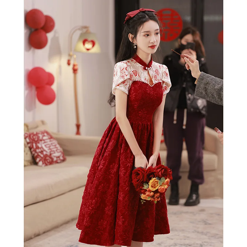 Chinese Traditional Wedding Red Cheongsams 2023 Red Women ципао Qipao Vestidos Summer Engagement Ao Dai Vietnam Evening Dress