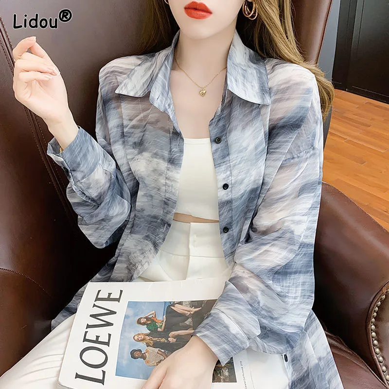 

Thin Chiffon Tie Dye Turn-down Collar Women Shirt Button Spring Summer Office Lady Single Breasted Women's Clothing Korean Trend