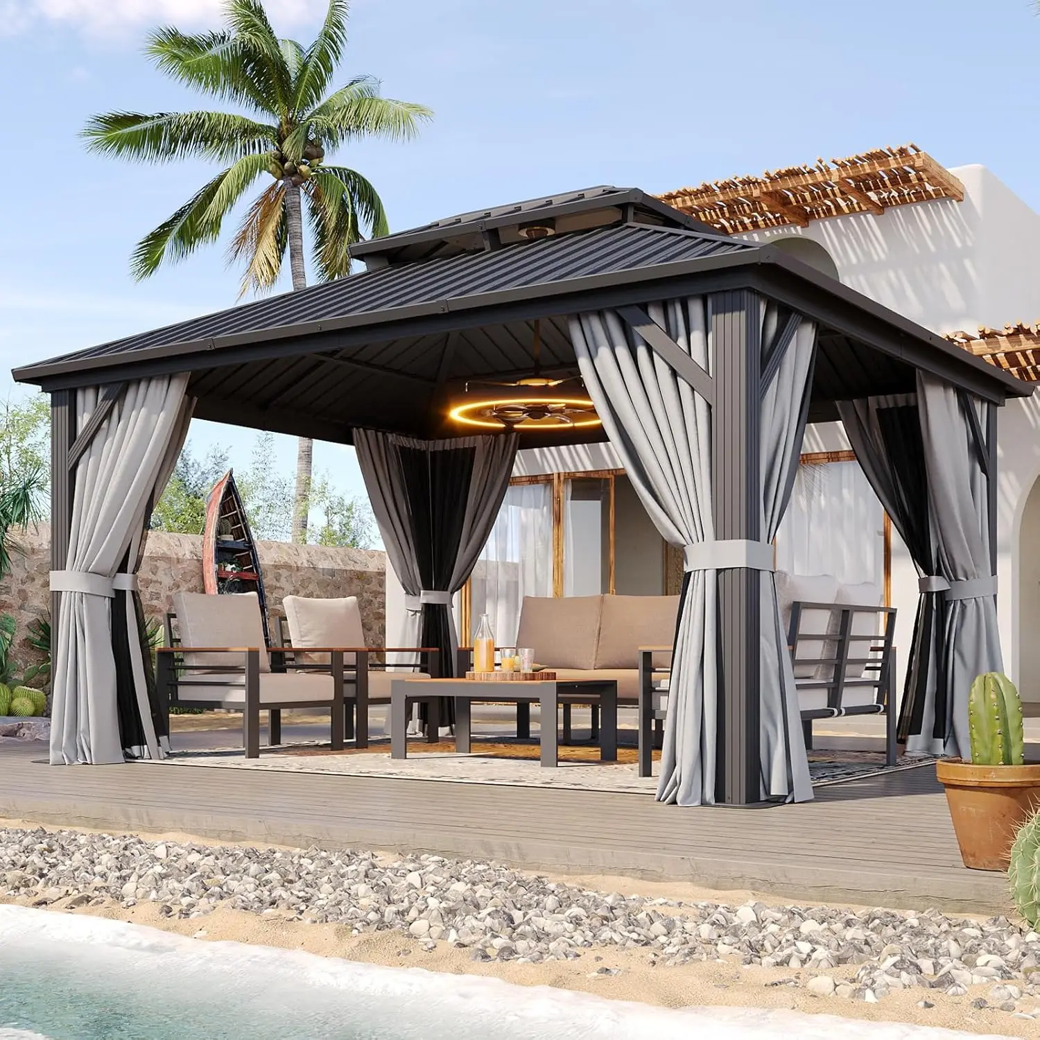 

Hardtop Gazebo 10x12, Outdoor Gazebo with Breathable Netting and Privacy Curtain for Backyard