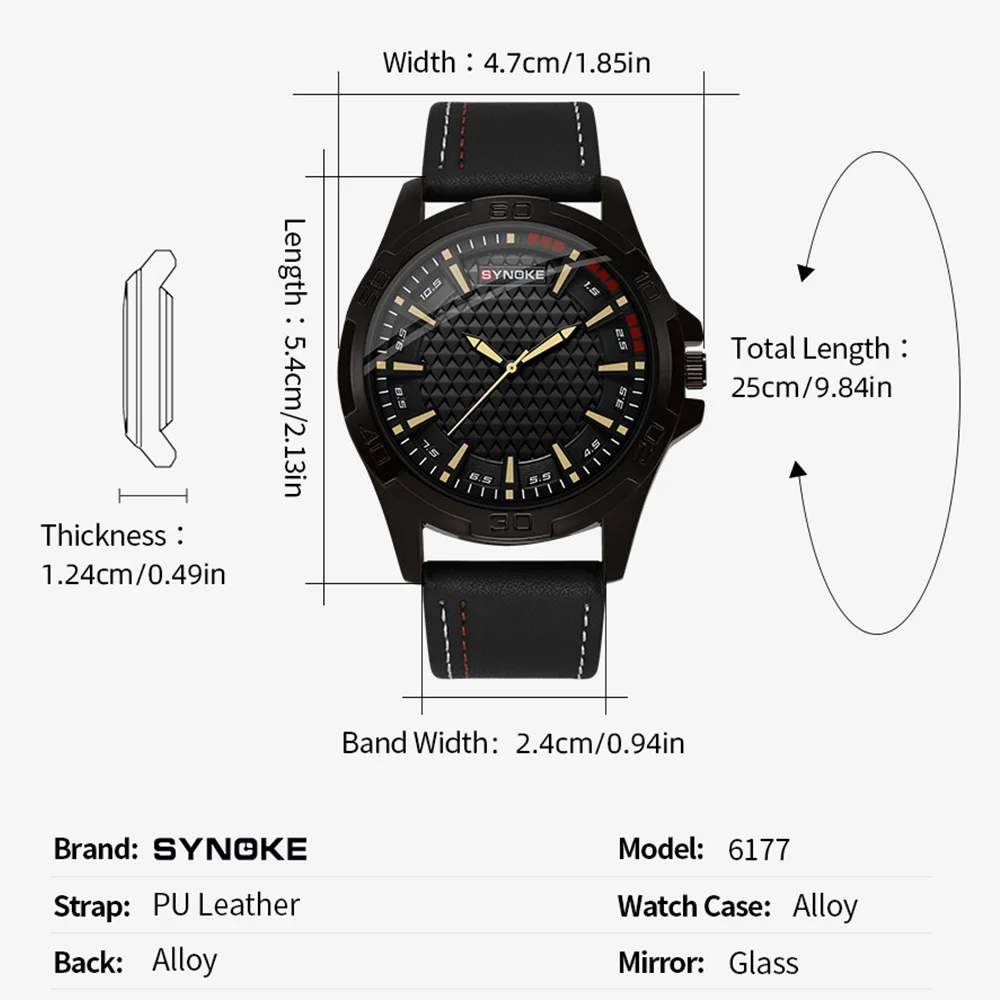 남성용 시계, 합금 케이스, 가죽 스트랩, SYNOKE 6177
