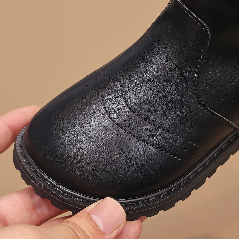 Kids' Boots Solid Color PU Leather Fashion Winter Shoes For Children Anti-slip Warm Thick Bottom Black Khaki Shoes Size 24-35