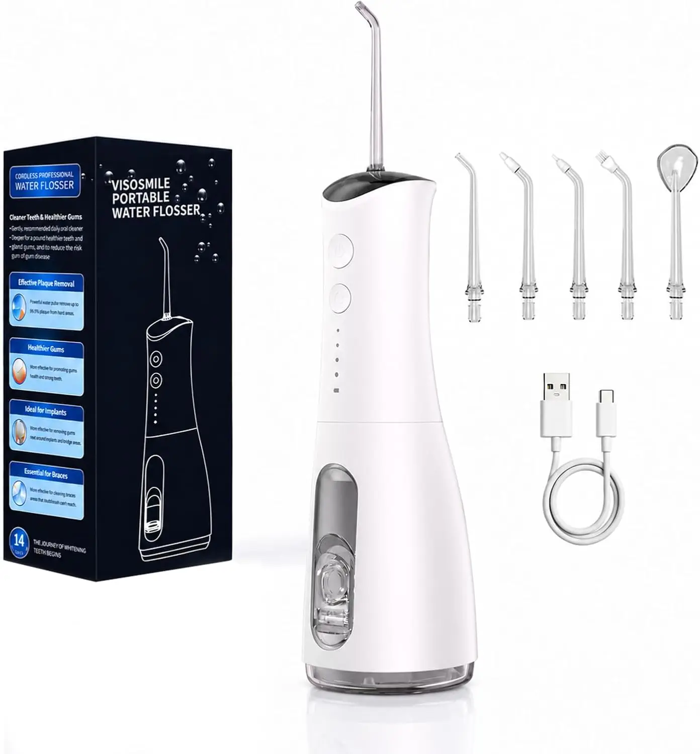Portable Cordless Oral Irrigator Water Flosser 4 Modes 300ml Tank 5 Nozzles Dental Teeth Cleaner for Home Travel Gift Use White