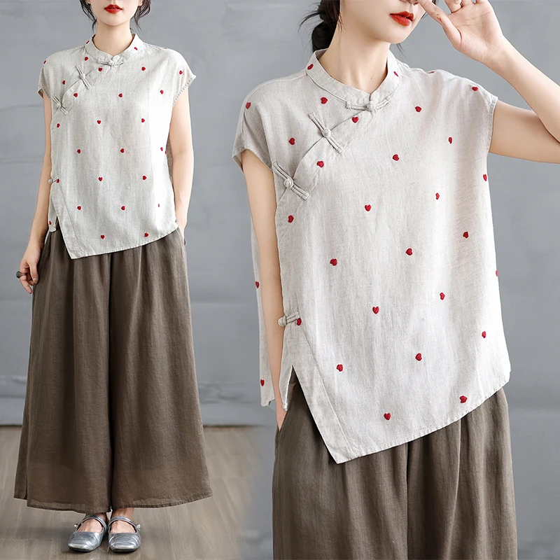 

Summer New Chinese Sle Moon Sve Linen irt Small Heart Print Original Design Casual Loose Fit Button up Top Women's Fas...