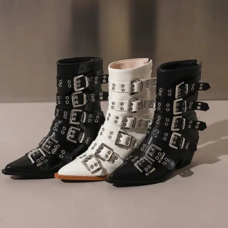 2025 Women\'s Fashion Pointed Punk Style Belt Buckle Pullback Short Boots European and American Sexy Nightclub Banquet Boots