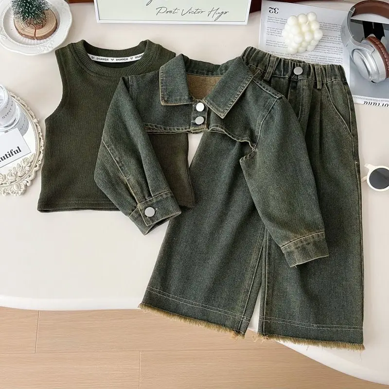

Korean girls long sleeved denim jacket vest long pants three piece setChildrens clothing set 2025 autumn new