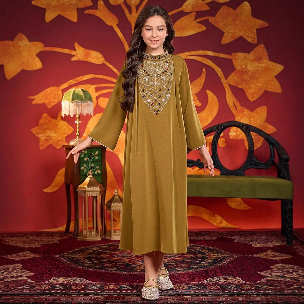 

2025 Muslim Kids Girls Diamonds Long Sleeve Maxi Dress Robe Ramadan Morocco Islamic Children Clothing Arabic Abaya Turkey Kaftan