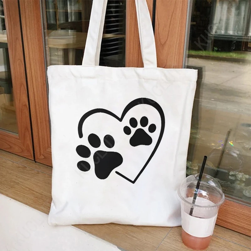 Funny Heart & Dog Paw Graphics Women Handbags Harajuku Animal Shoulder Bag Fashion Heart Cartoon Tote Shopping Bag Side Bags