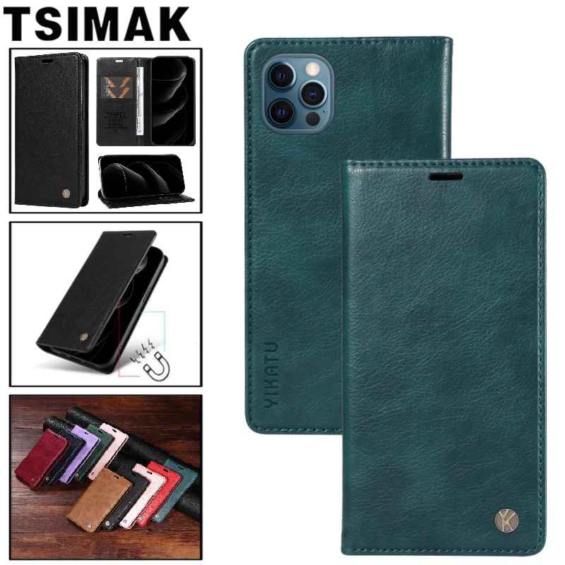 Lederhülle für iPhone 11 12 13 Pro Max XS XR X 6 7 8 Plus 6S SE 2020 Mini mit starkem Magnetverschluss, Litschi-Muster, Flip-Wallet-Kartenhülle