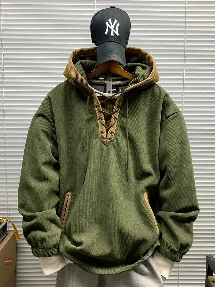 2026 Spring and Autumn American Retro Trend Hooded Contrasting Pullover Casual Loose Sweater