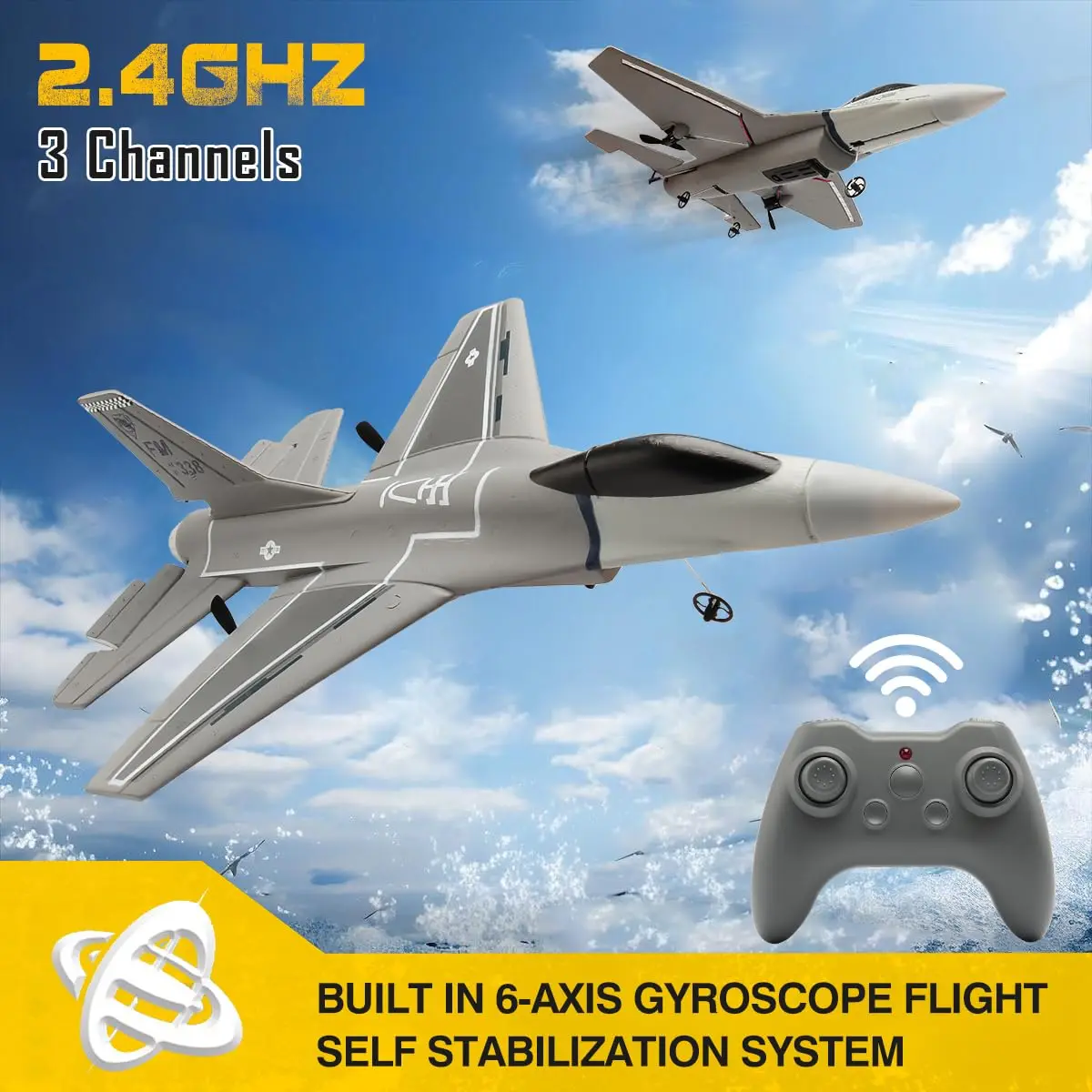 

F16 RC Plane 3 Channel 6-Axis Gyro 2.4GHz Radio Controlled Hobby Glider Jet Aircraft EPP Foam Airplane for Kids & Beginners