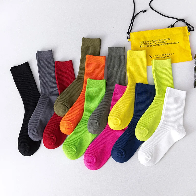 

Harajuku Candy Color Men Crew Socks Street Wear Fluorescent Green Neon Yellow Sport Japanese Style White Black Business