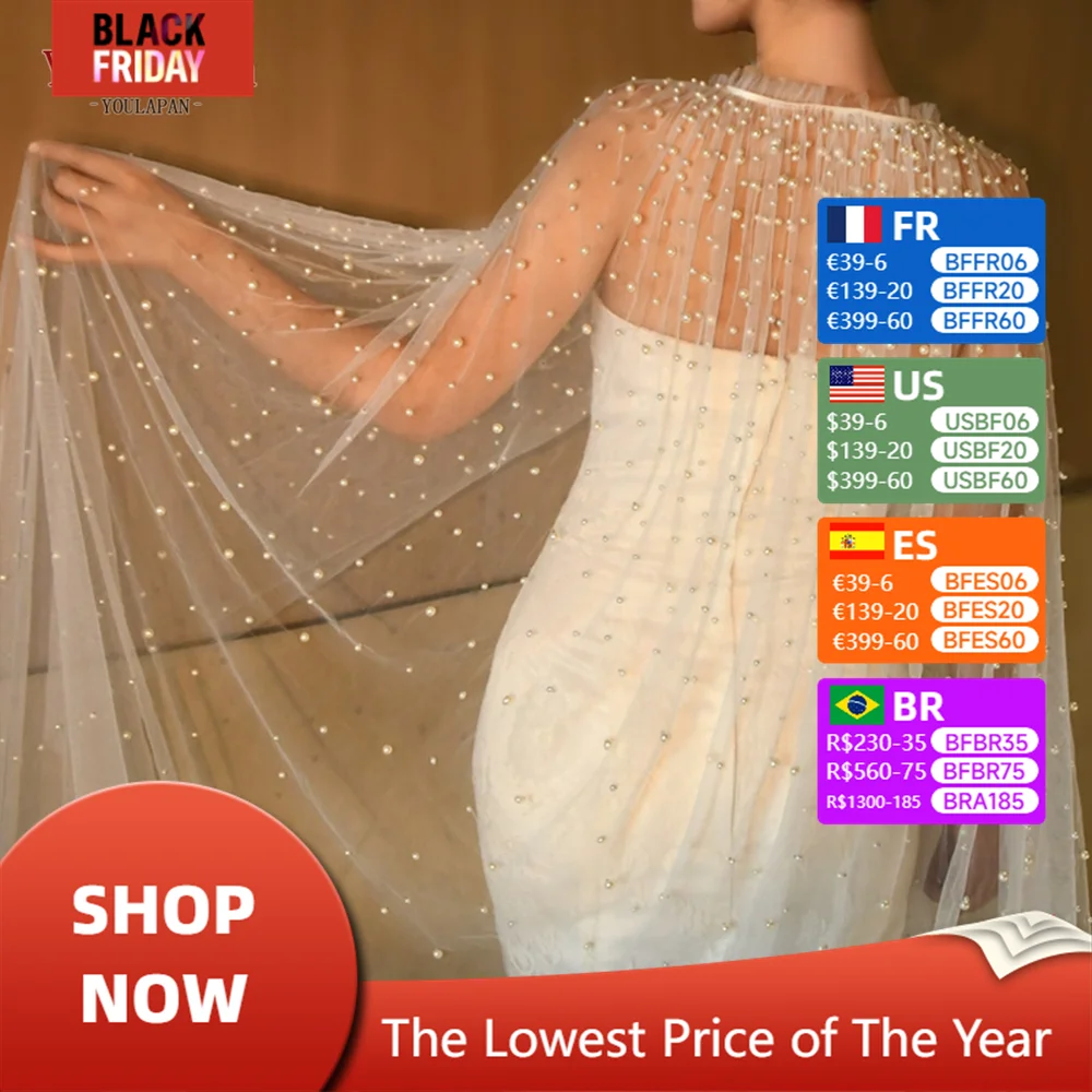 YouLaPan Cape Veil New Shawl Tulle Wraps Pearls Wedding Shawl High Quality Button Back Cheap Shawls Free Shipping DIYBolero vg02