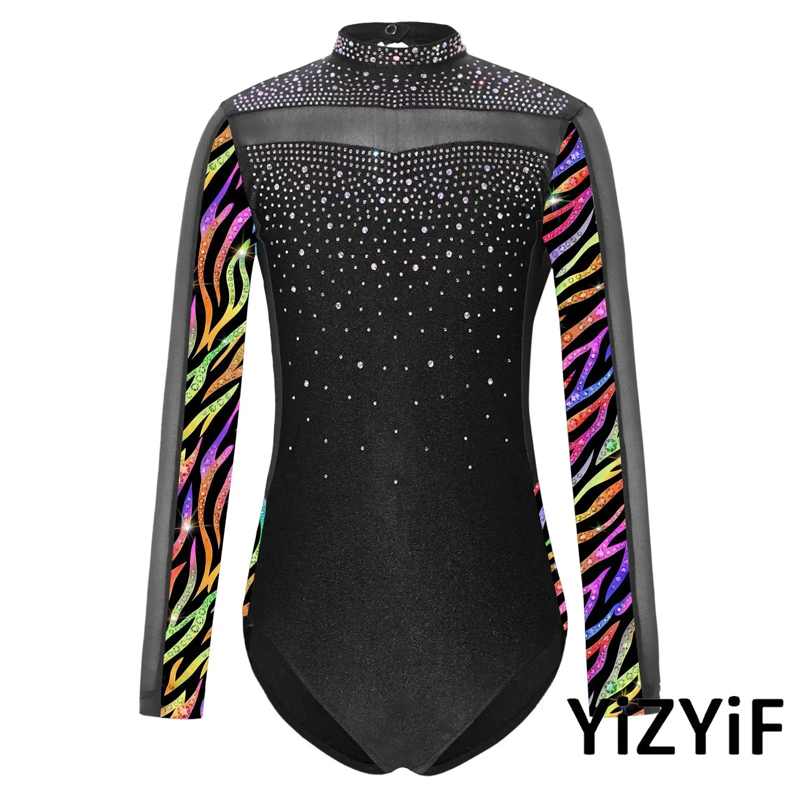 

Kids Girls Gymnastics Ballet Dance Leotards Sparkly Rhinestones Patchwork Design Printed Long Sleeve Bodysuit Lyrical Dancewear