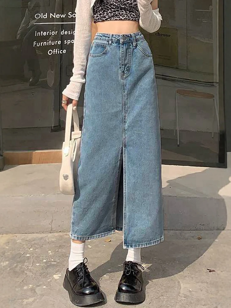 

Mia Muse Skirts Summer K-Fashion Basics Denim Slit Natural Waist Midi Casual SkirtsFor Women