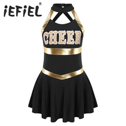 Kids Girls Cheerleading Costume Sleeveless Letter Print Patchwork Style Dance Dress for Cheerleader Dancewear Stage Performance