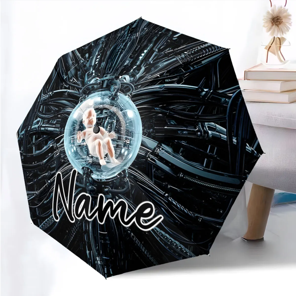 Custom Name Futuristic Umbrella Design with Artistic Human Imagery Print 8Iron Ribs Folding Umbrella Auto-Open Fashion Sunshade