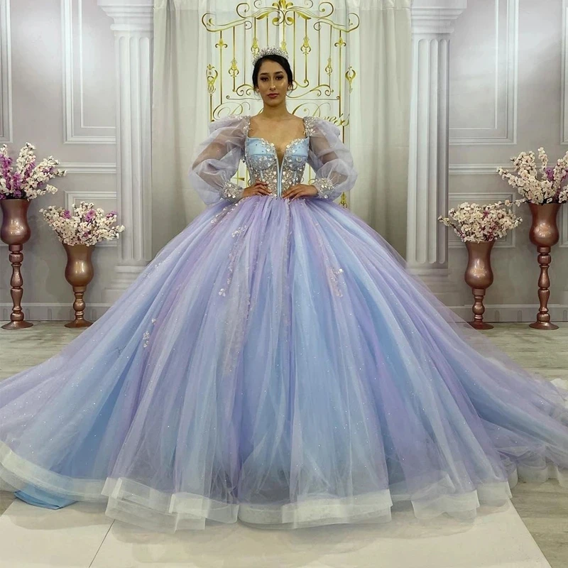 

Элегантное бальное платье с пышными рукавами, платья Quinceanera, кружевные кристаллы, милое кружевное милое официальное платье для выпускного вечера 16 17