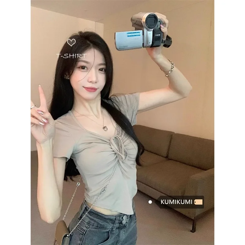 

Short Sleeved T-Shirt, Summer Women'S Clothing New Style, Pure Desire Spicy Girl Design Sense, Drawstring Square Neck Slim Fit A