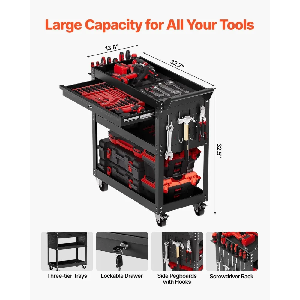4-Tier Tool Cart with Wheels, 350 lbs Load Capacity, Rolling Work Cart with Drawer & Pegboard, Mechanic Tool Storage Organ