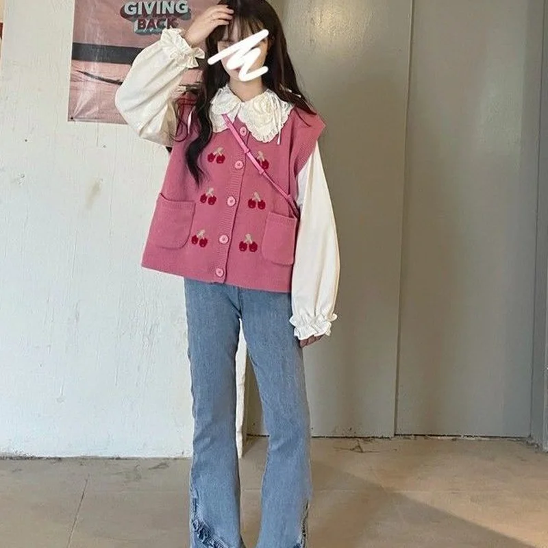 

2 Piece Sets Women Retro Sweet Jacquard O-neck Single Breasted Casual All-match Tender Students Autumn New Cozy Korean Style Ins