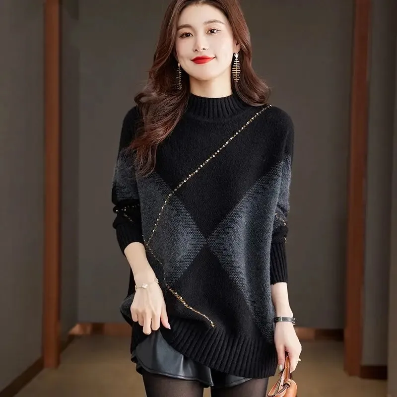 Women Oversize Pullover Sweater 2024 New Autumn Winter Clothes Fashion Half High Collar Patchwork Loose Knit Shirts Good Quality