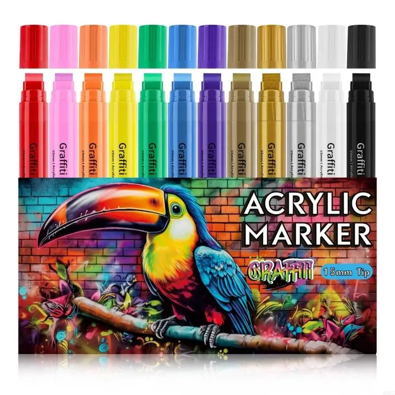 

12 Pcs 15mm Wide Acrylic Pen Acrylic Marker Drawing Pen Colouring Pen Art Supplies for Crafts Rock Painting Glass 896C