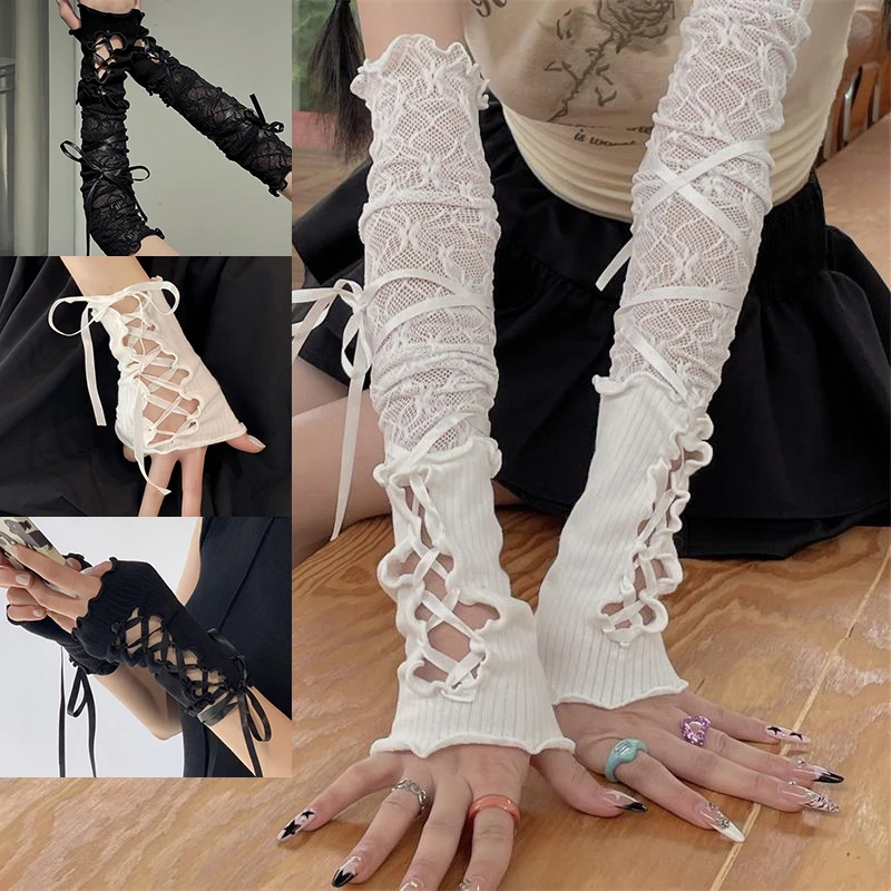 ●Women Strapping Lace Fingerless Hot Sexy Arm Sleeves DIY Lace-up Sunscreen Gloves Elastic Mesh Gloves Clothing Accessories