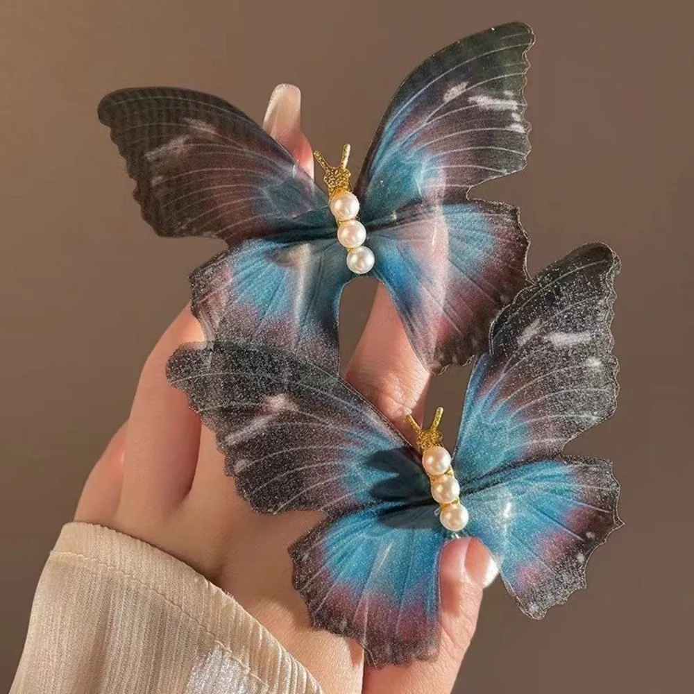 

New Pearl Butterfly Hair Clips Dreamy Mesh Lace Butterfly Hairpins Blue Ponytail Headdress Princess Headwear