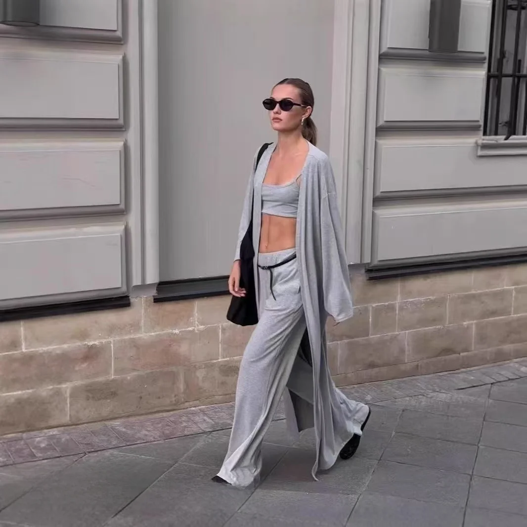 

Свободный открытый кардиган, жилет с ремешком, брюки, комплект из футболки, модный женский ансамбль, комплект костюма Long Sve Crew Ne