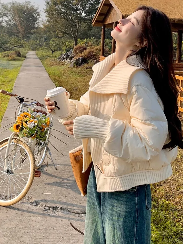 

Женская утепленная хлопковая куртка с большим воротником, синяя, осенне-зимняя, новая модель, корейский стиль, свободный крой, однотонная