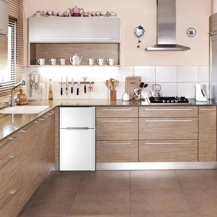 Compact 3.2 Cu.Ft. Mini Refrigerator with Separate Freezer and Double Doors Adjustable Removable Shelves Ideal for Basement Apa