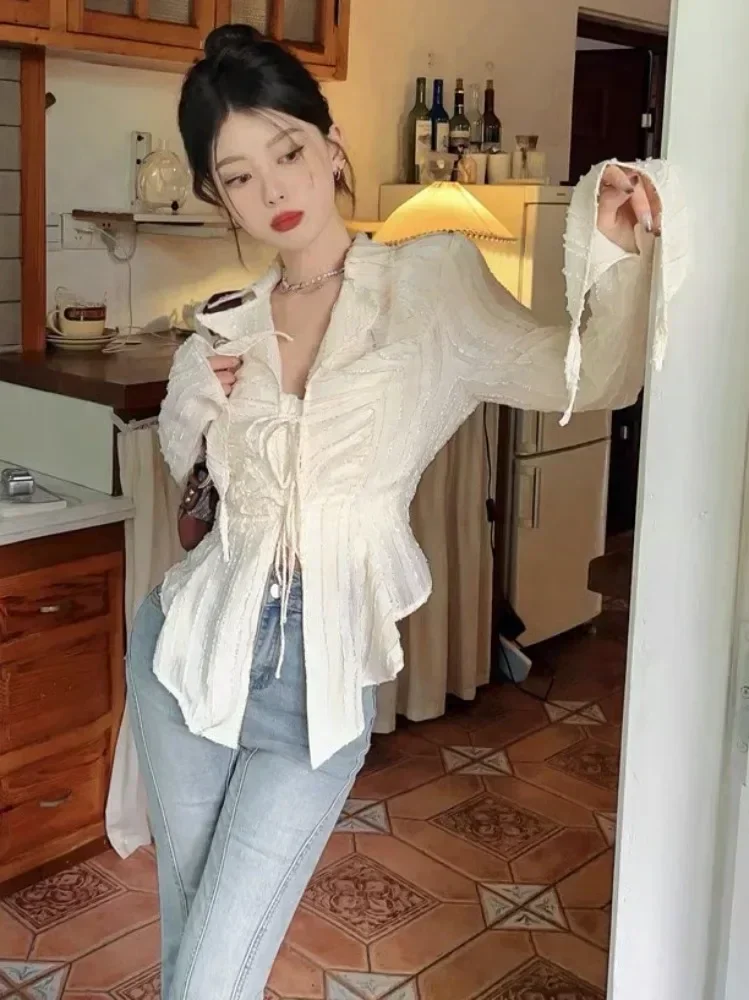 Gothic Lace Shirt Dark Aesthetic Irregular Blouses Yamamoto Style Grunge Flare Sleeve V-neck Shirt Vintage Y2k Emo