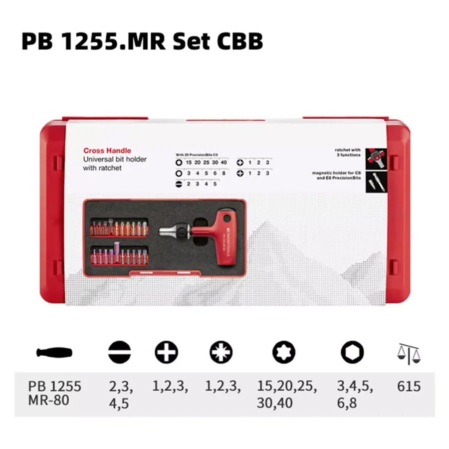 PB SWISS 20 in 1 Ratchet Screwdriver Set with Bits PH/SL/TORX/PZ/HEX Strong Magnetic Screw Driver PB 1255.MR Set CBB