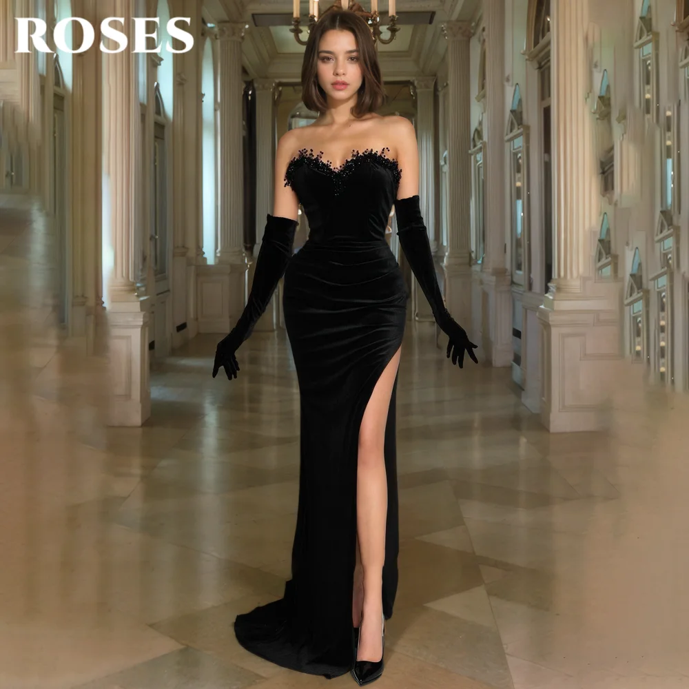 

ROSES Black Sexy Evening Dress Sweetheart Backless Prom Gown for Woman Velvet Side High Split Formal Gown robe soirée Customized